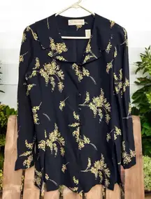Dana Buchman Floral Tunic Blouse Jacket Size‎ 8 black tan With Side Slits