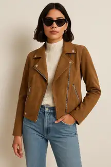 Loft Faux Suede Moto Jacket Brown Women’s XS Biker Style Fall Layer