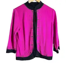 Ming Wang Magenta Pink Black Rhinestone Embellished Cardigan Sweater Size Small