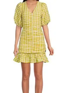 Skies Are Blue Gingham Print V-Neck Short Puff Sleeve Ruched Fit and Flare Mini Dress