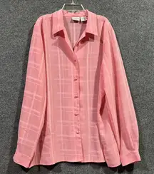 Vintage Liz Baker Shirt Womens 16 Pink Semi Sheer Windowpane Button Up Retro