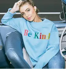 Lexi Llama Be Kind Embroidered Crewneck Sweater Small Blue Merch Pullover