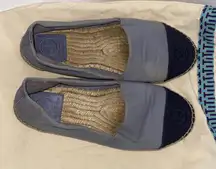Tory Burch Slip On Espadrilles Blue Colorblock Cap-toe Canvas Logo Flats Sz 9