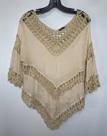 Women's Pullover V- Neck & V-Hem Crochet Tan Top/ Cover Up Size M