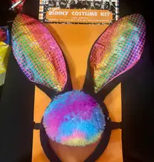 Bunny Ears & Tail Kit Rainbow Sparkly Headband Halloween Costume Accessory - NWT
