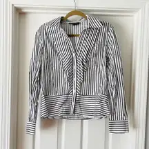 Black and White Striped Pintuck Front Button Down Shirt