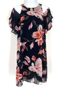 Eliza J Womens Floral Lined Chiffon Cold Shoulder Shift Dress Black Pink Size 6