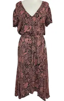 New Vanity Room Snake Print Handkerchief Hem Dress V-Neck Flutter Sleeve