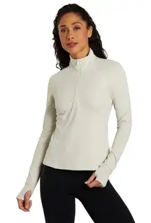 Beyond Yoga Rib Zip Pullover XS Cream Heather Long Sleeve Thumbholes Yoga Top‎