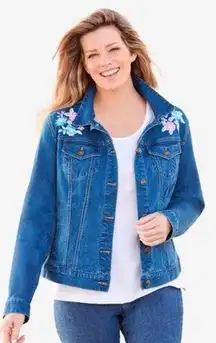 Medium Stonewash Woman Within Embroidered Floral Jean Jacket Plus Size 16W