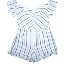 Casting LA Ruffle Nautical Shorts Romper Off Shoulder Blue White Striped, S