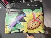 Anuschka Genuine Handpainted Leather black & Green Floral Patterned Crossbody