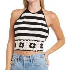 Geo Pattern Hand Crocheted Granny Square Halter Top Black and White Medium