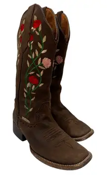 Valeria Boots Brown Square Toe Embroidered Rose Cowboy Western Boots Size 7