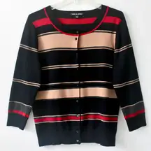 Cable and Gauge Black Red Striped Long-Sleeve Button Cardigan Sweater Large