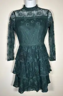 Holiday Green Lace Ruffled Long Sleeve Mini Dress Size XS Christmas Party