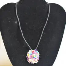 VTG 70's Rainbow Flower Power (Acylic) 15" Black Suede Cord Hippie Necklace