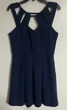 Women’s Betsey Johnson Size 14 Navy Blue Dress Pleated Skirt Pockets Cutout Neck