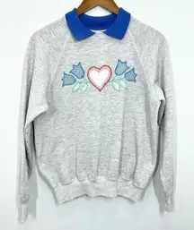 Vintage 80s‎ Grey Hearts & Tulips Embroidered Collared Grannycore Sweater Size L
