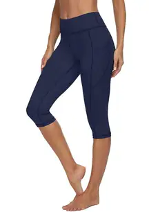 High Waisted Tummy Control Capris Workout Yoga Pants with Pockets Navy Blue L