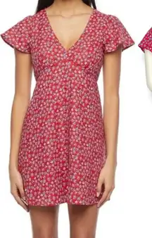 My Michelle Sundress‎ Red Floral Ditsy Print Dress Medium Flutter Sleeves V-Neck