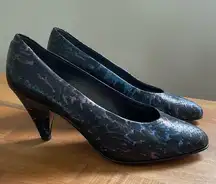 Vintage 80s Leather Snakeskin Maripe Heels Pumps Black Blue Purple 7.5 38.5