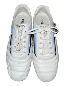 Prada  Race Track-top Logo Leather SneakersWhite and Light Blue Lace-Up
