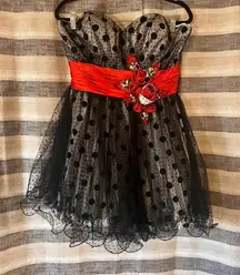 Tony Bowls Black/White Polka Dot With Red Flowers Strapless Mini Dress Size 10‎