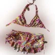 ABS by Allen Swartz Y2K Ruffle Micro Skirt Multicolor Bikini Size 6