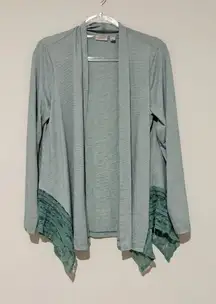 LOGO by Lori Goldstein stripe Lace Trim Tiered Ruffle Open Green Cardigan medium