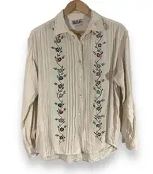 Vintage Bill Blass Jeans Linen Blend Embroidered Floral Button Down