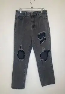 PrettyLittleThing Charcoal Destroyed Straight Leg Denim Jeans Sz 6 High Rise