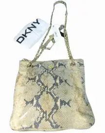 Dkny Leather Handbag Gold Gray Python Snakeskin Crossbody Shoulder Chain Purse