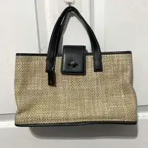 Vintage Woven Turn Lock Straw Rattan Leather Small Shoulder Bag