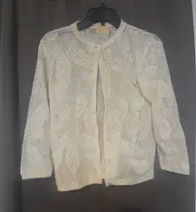 Nasharr Freres Ivory Cardigan, Butterfly Lace Fabric Sweater, Women's Medium Top