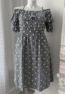 Perseverance Blue White Gingham Daisy Floral Short Puff Sleeve Midi Dress Size 8