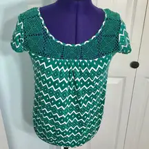 Lucky Brand Green & White Crochet Top Size XS