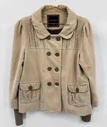 Gentle Fawn Tan Beige Corduroy Peplum Jacket Double Breasted Pleated Yoke Medium