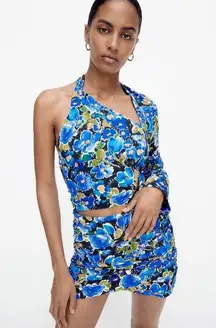 Zara FLORAL PRINT Pleated Asymmetrical Front MINI SKIRT Blue/Green Size M NEW