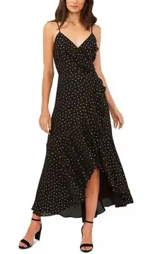 NWT  Petite Black Gold Dot Ruffled Wrap Dress Front Slit Hi Low New Strappy