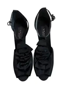Nina New York Black Satin Ruffle Peep Toe Ankle Strap‎ Heels Size 10M