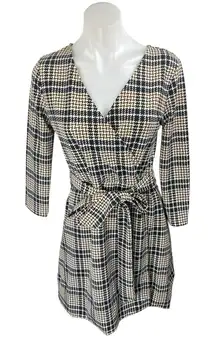 Lands' End Brown Houndstooth Plaid Faux Wrap Belted Mini A-line Dress Size 6-8