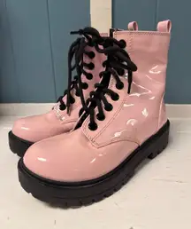 Pink Patent Leather Ankle Boots Black Lace Up Platform Lug Sole Grunge