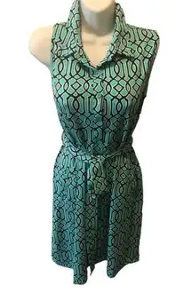 Lulu-B Belted Collared Golf Dress Sz XL Teal Black Printed UPF 50 Country Club