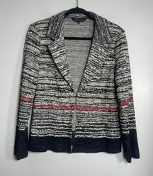 MING WANG Jacket Cardigan Size Large Navy Blue Cream Knit Clasp Closure Work