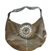 Chico’s Cirque Gold Leather Embellished Hobo Bag Sz. L Unique Braiding 18X12