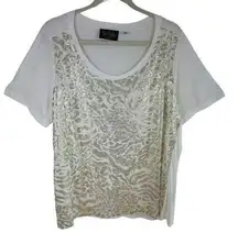 Bob Mackie White Short Sleeve Scoop Neck Lightweight T-Shirt Gold Sequin Size XL