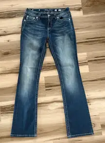 Miss Me Bootcut Midrise Size 31 Fleur de Lis Stretch Denim Jeans Y2K Mcbling