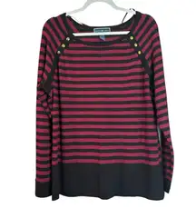 Karen Scott Knit Jersey Striped XXL Button Accents Burg/Black Nautical Stretchy