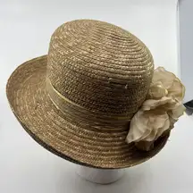 Lady's Brown Straw Sun Derby Church Hat with Twin Rose Gold Design 11.5 Across